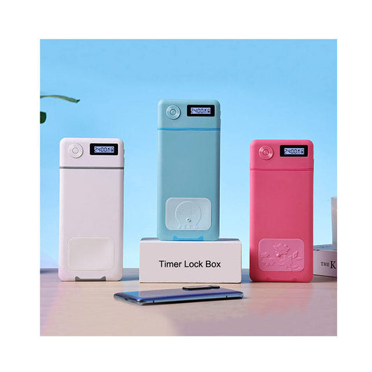Lumenest Focus timed lock box shown in three colours with a phone